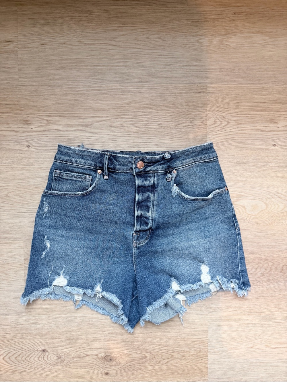 Good American Distressed Dark Blue Denim Shorts